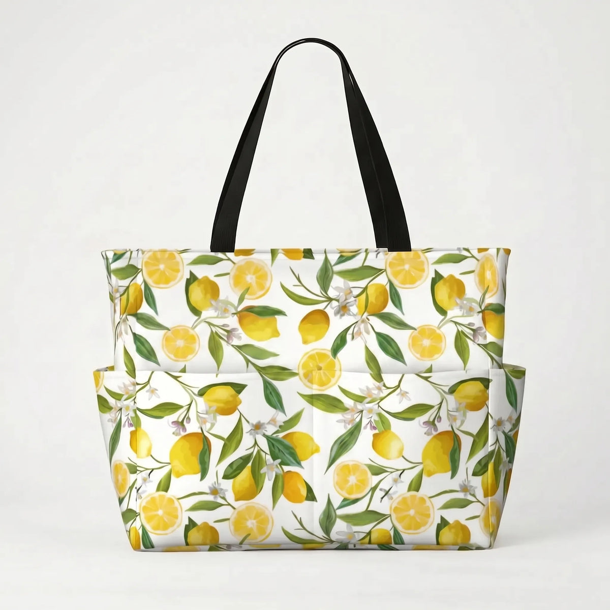 Women's Large Beach Tote Bag with Tropical Lemon Print