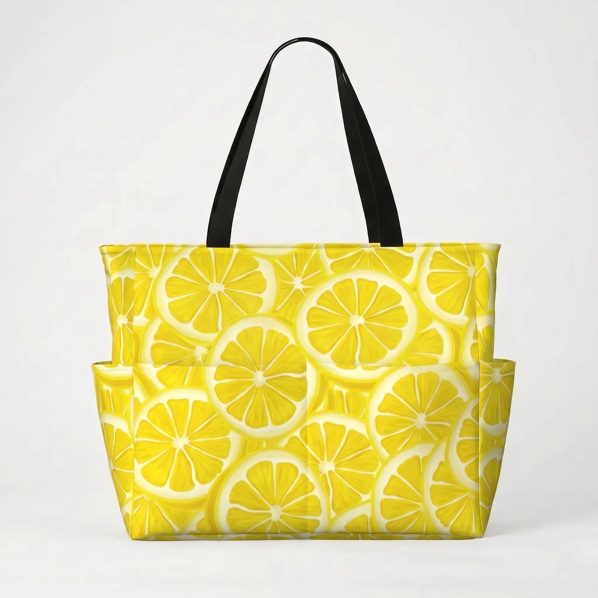 Women's Large Beach Tote Bag with Tropical Lemon Print