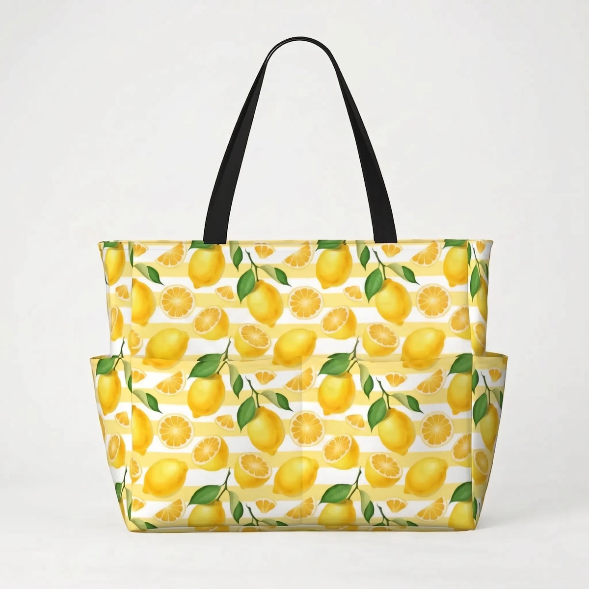 Women's Large Beach Tote Bag with Tropical Lemon Print