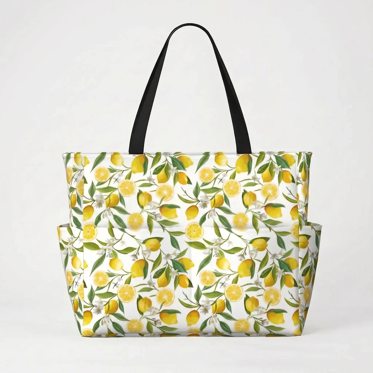 Women's Large Beach Tote Bag with Tropical Lemon Print