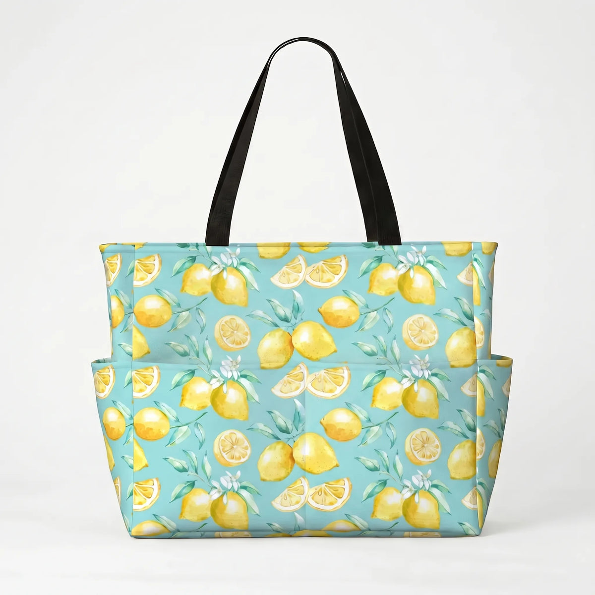 Women's Large Beach Tote Bag with Tropical Lemon Print