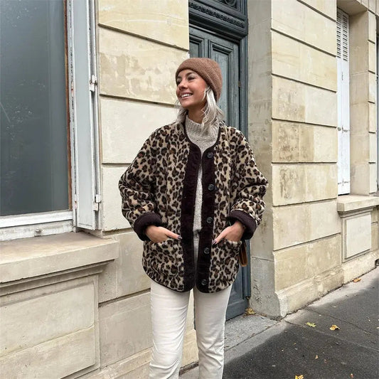 Women's Leopard Print Jacket with Round Neck and Buttons
