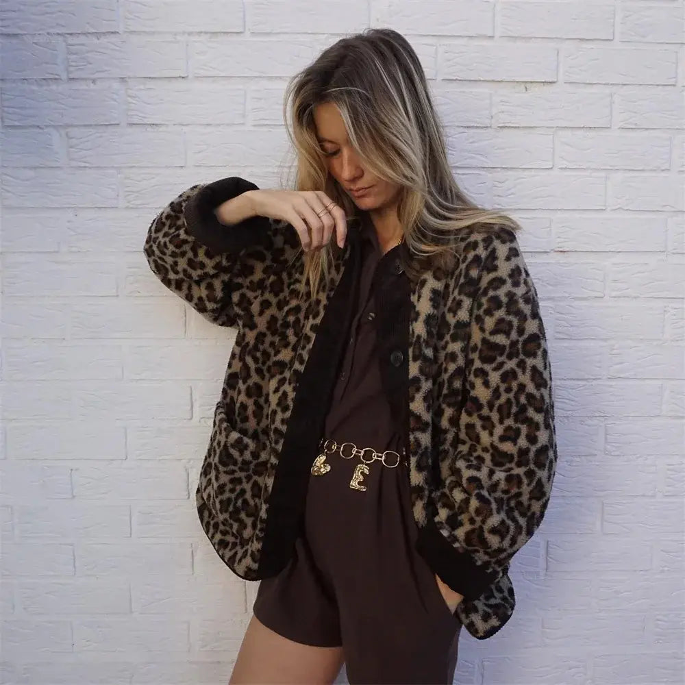 Women's Leopard Print Jacket with Round Neck and Buttons