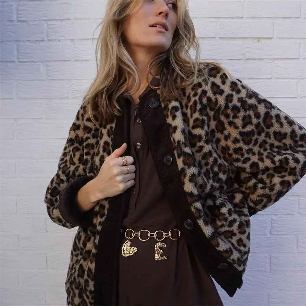 Women's Leopard Print Jacket with Round Neck and Buttons