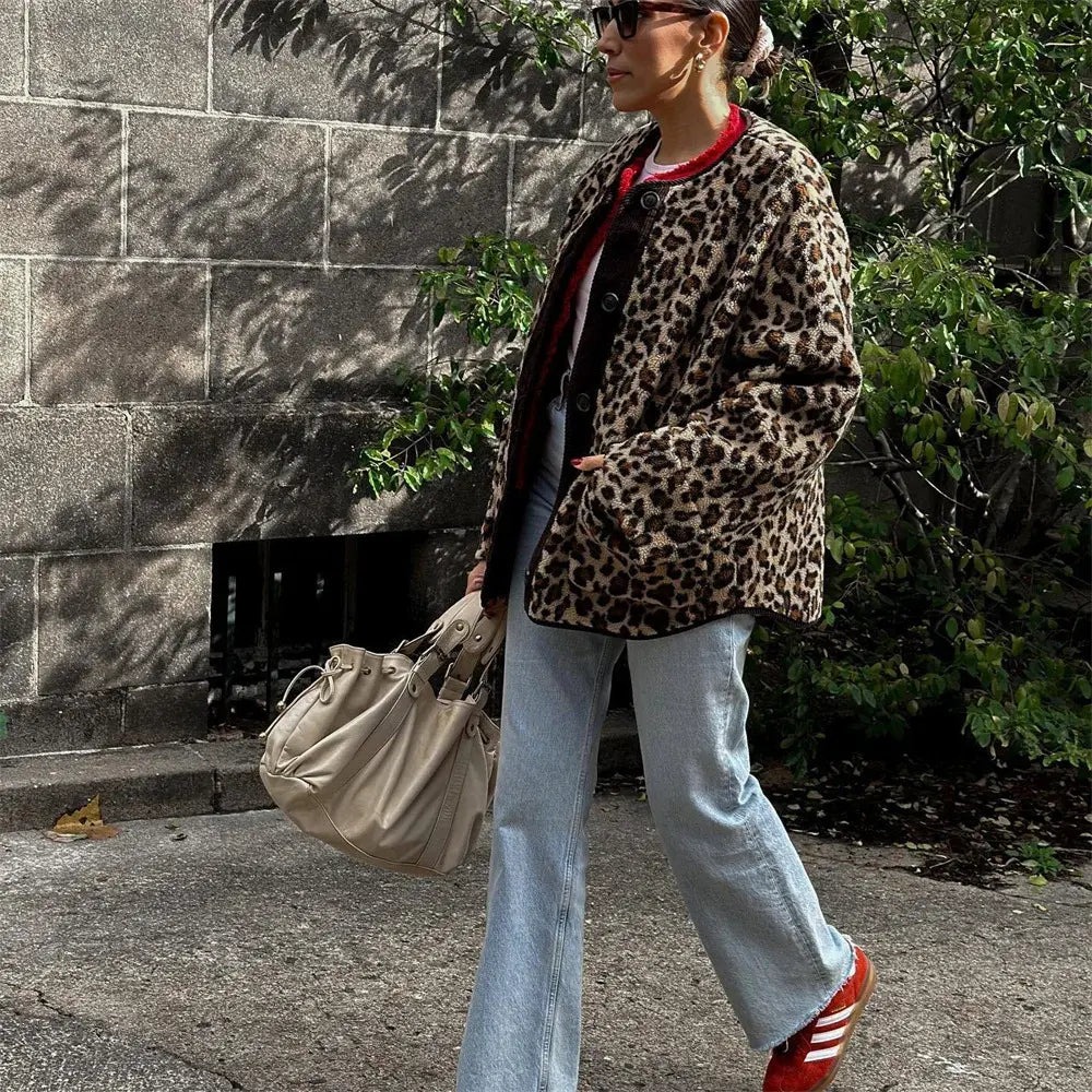 Women's Leopard Print Jacket with Round Neck and Buttons