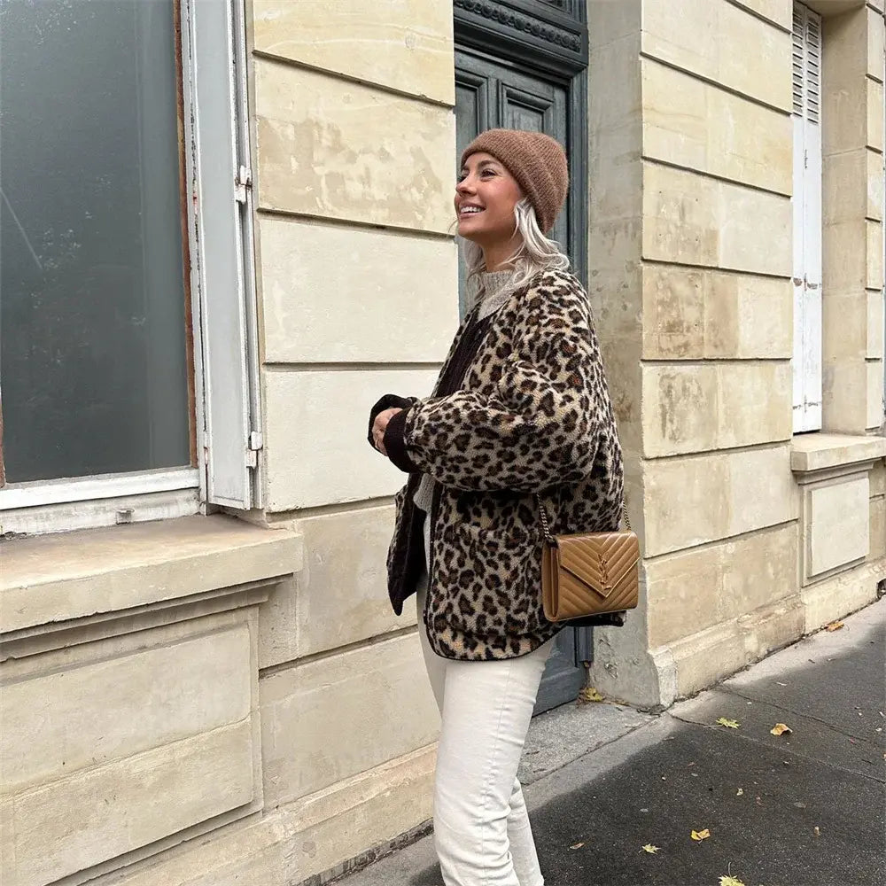 Women's Leopard Print Jacket with Round Neck and Buttons