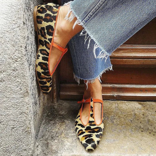 Women's Leopard Print T-Strap Buckle Pointed-Toe Flats
