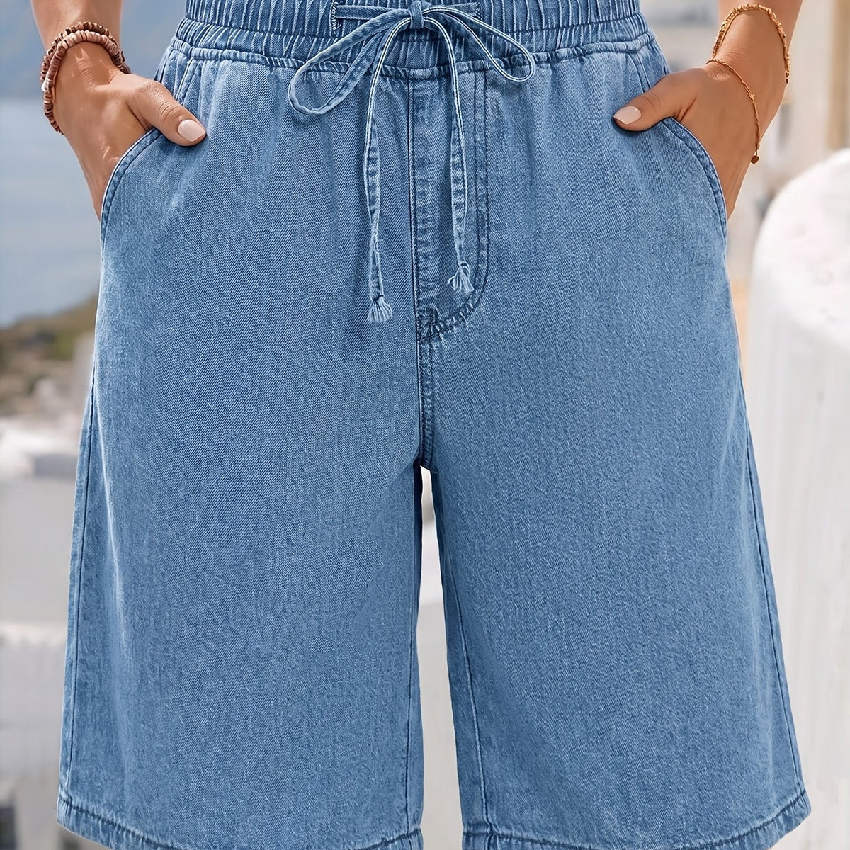Women's Light Blue Wide-Leg Bermuda Shorts with Drawstring Waist