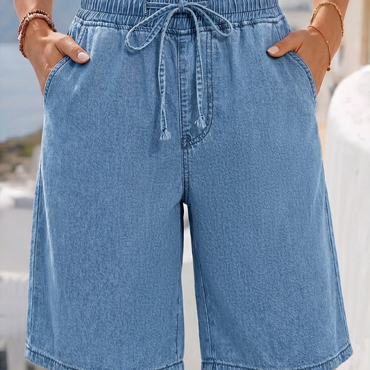 Women's Light Blue Wide-Leg Bermuda Shorts with Drawstring Waist