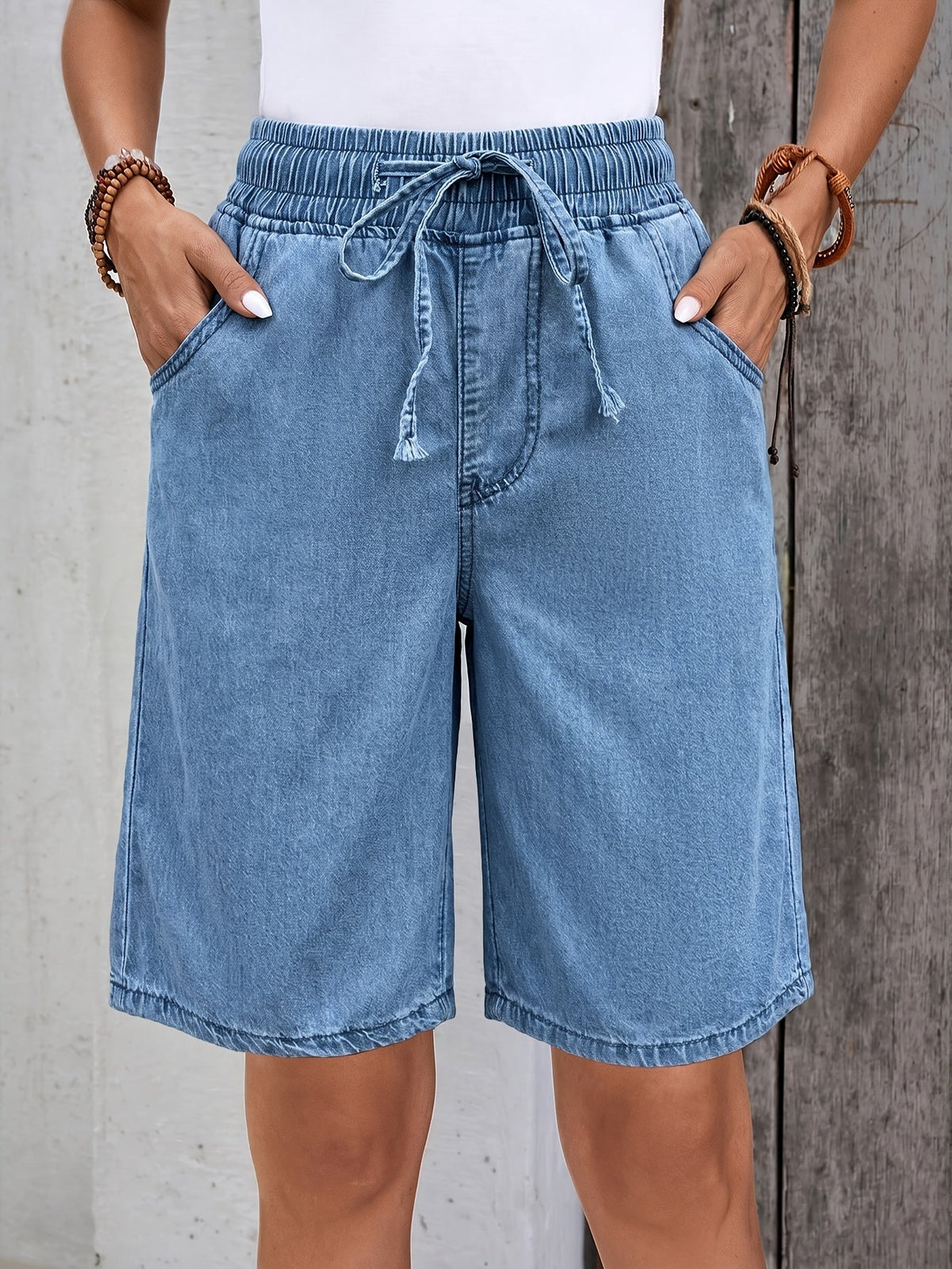 Women's Light Blue Wide-Leg Bermuda Shorts with Drawstring Waist