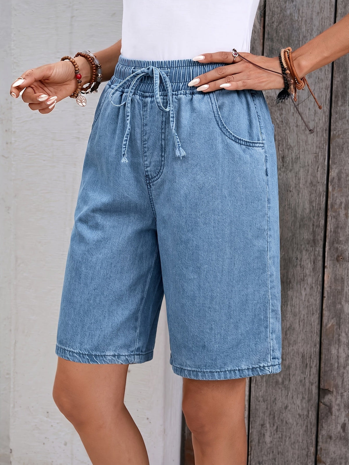 Women's Light Blue Wide-Leg Bermuda Shorts with Drawstring Waist