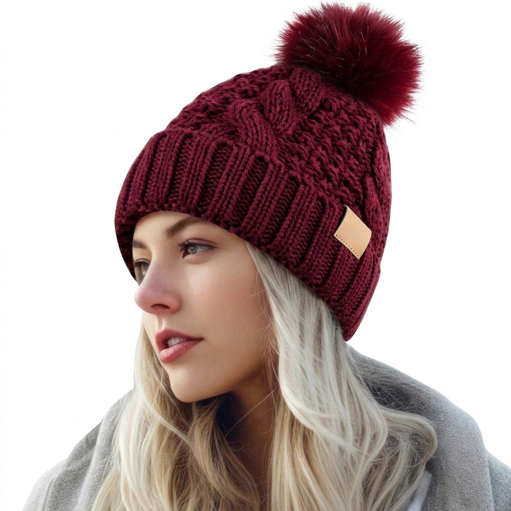 Women's Lined Winter Hat with Pom-Pom