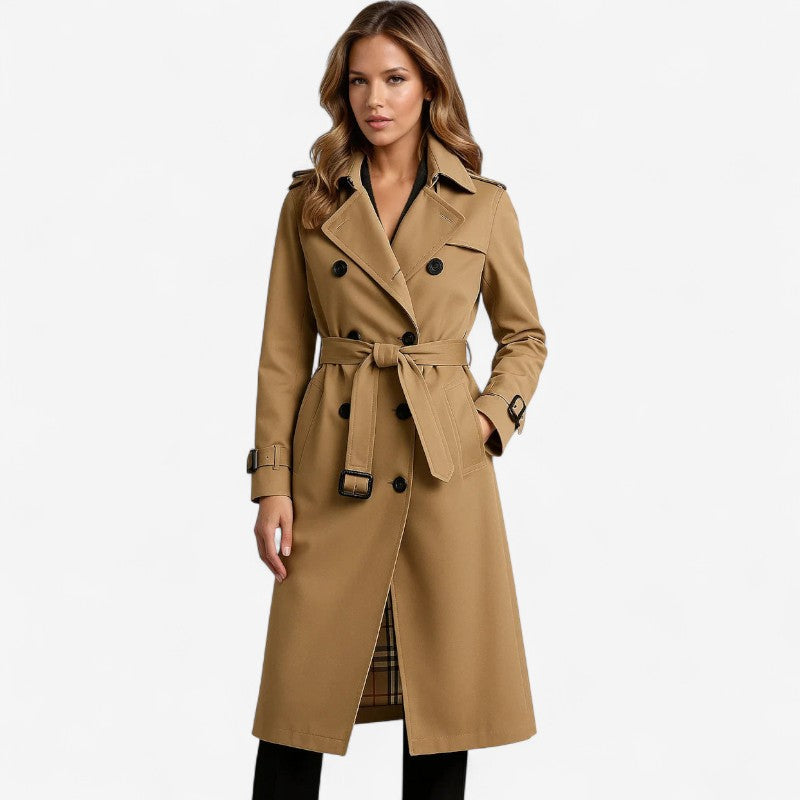 Women's Long Belted Trench Coat with Long Sleeves