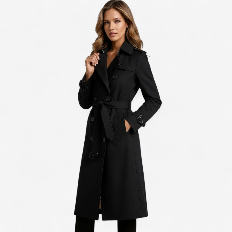 Women's Long Belted Trench Coat with Long Sleeves