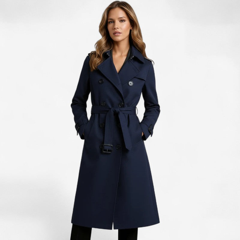Women's Long Belted Trench Coat with Long Sleeves