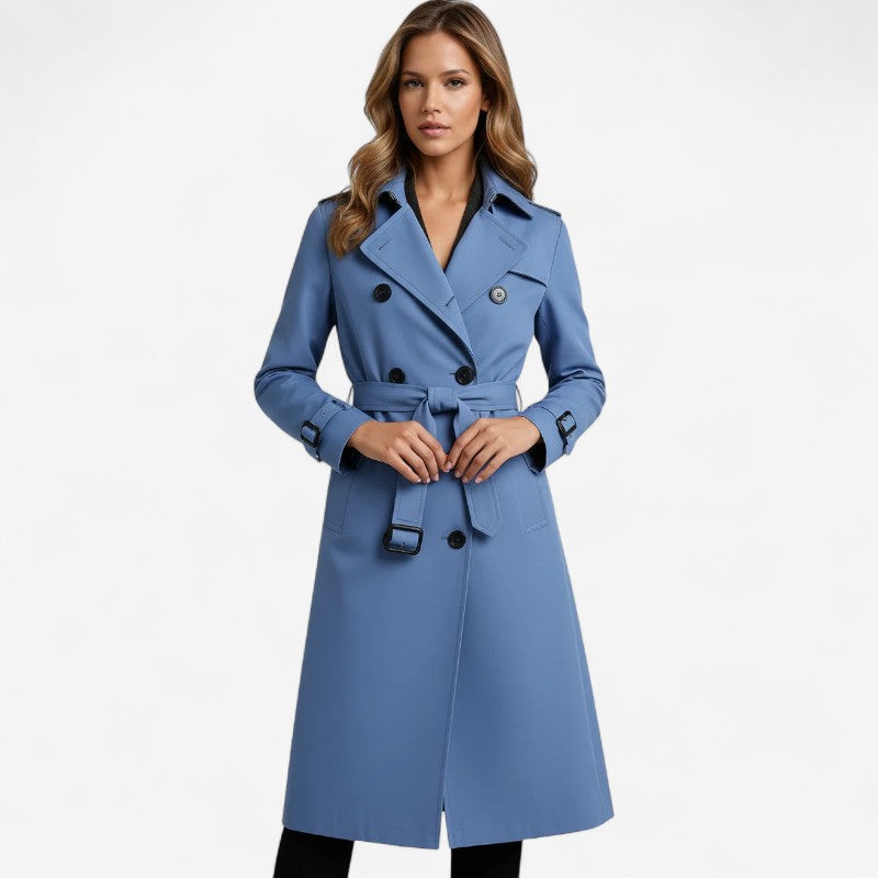 Women's Long Belted Trench Coat with Long Sleeves