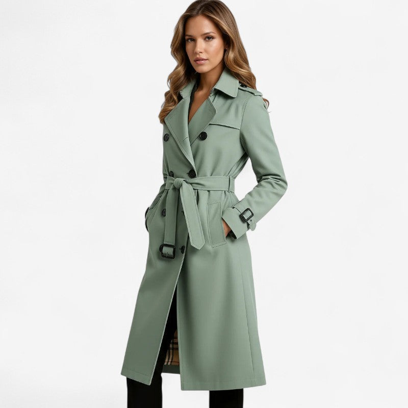 Women's Long Belted Trench Coat with Long Sleeves