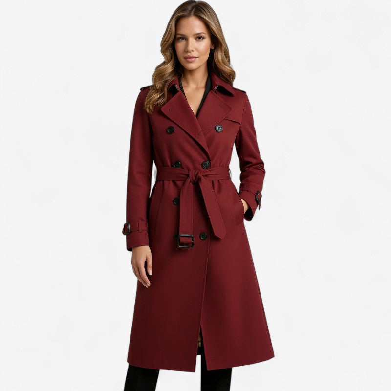 Women's Long Belted Trench Coat with Long Sleeves