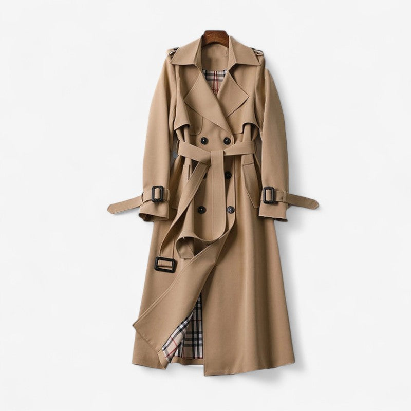 Women's Long Belted Trench Coat with Long Sleeves