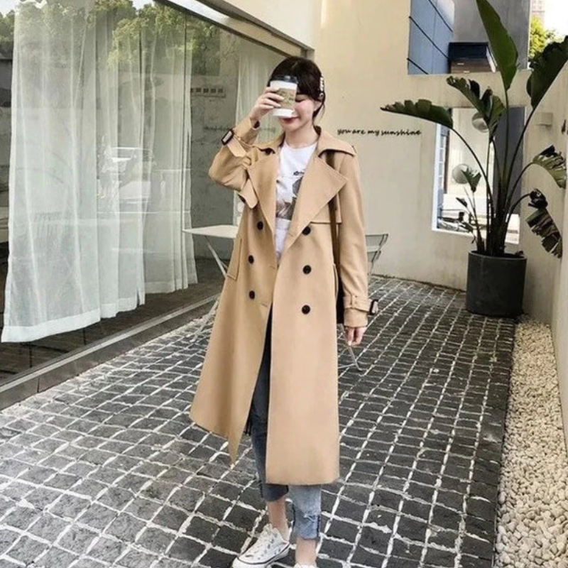 Women's Long Belted Trench Coat with Long Sleeves