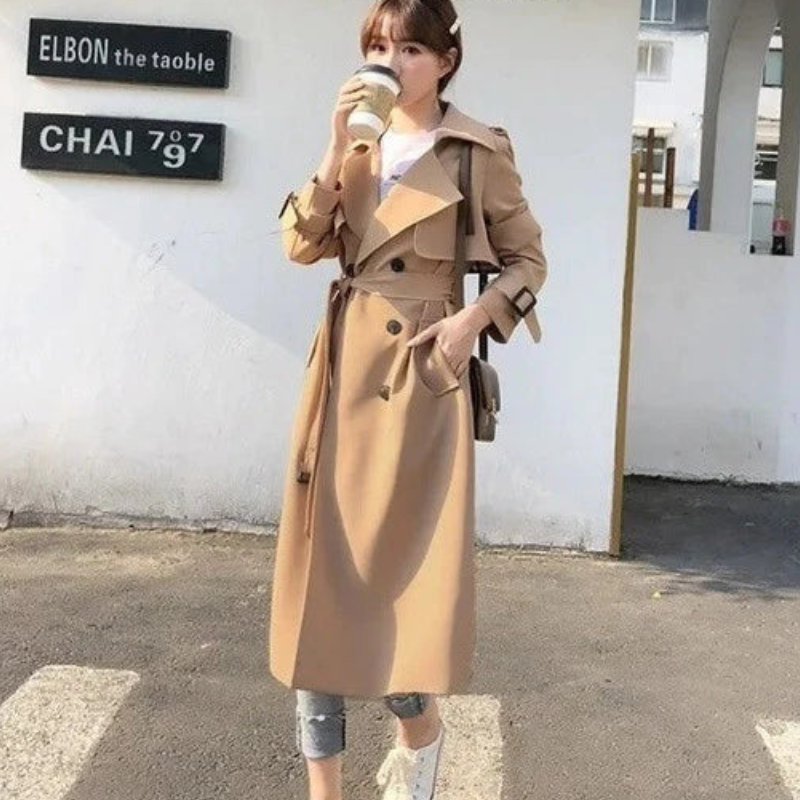 Women's Long Belted Trench Coat with Long Sleeves