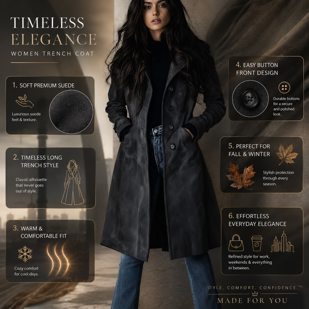 Women's Long Button-Front Coat Ideal for Autumn
