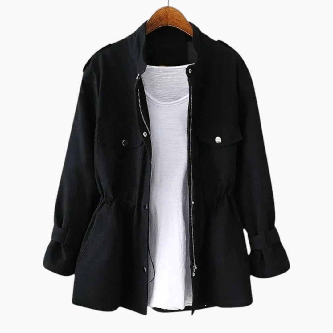 Women's Long Coat with Crossover Closure and Adjustable Belt