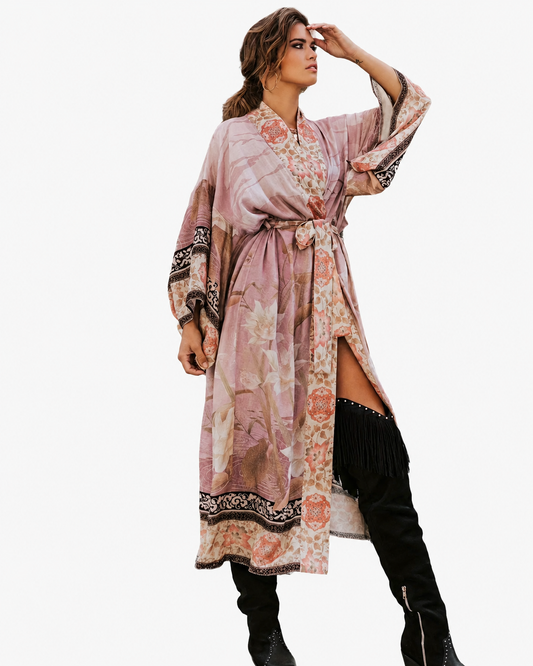 Women's Long Floral Print Kimono with Tie Belt