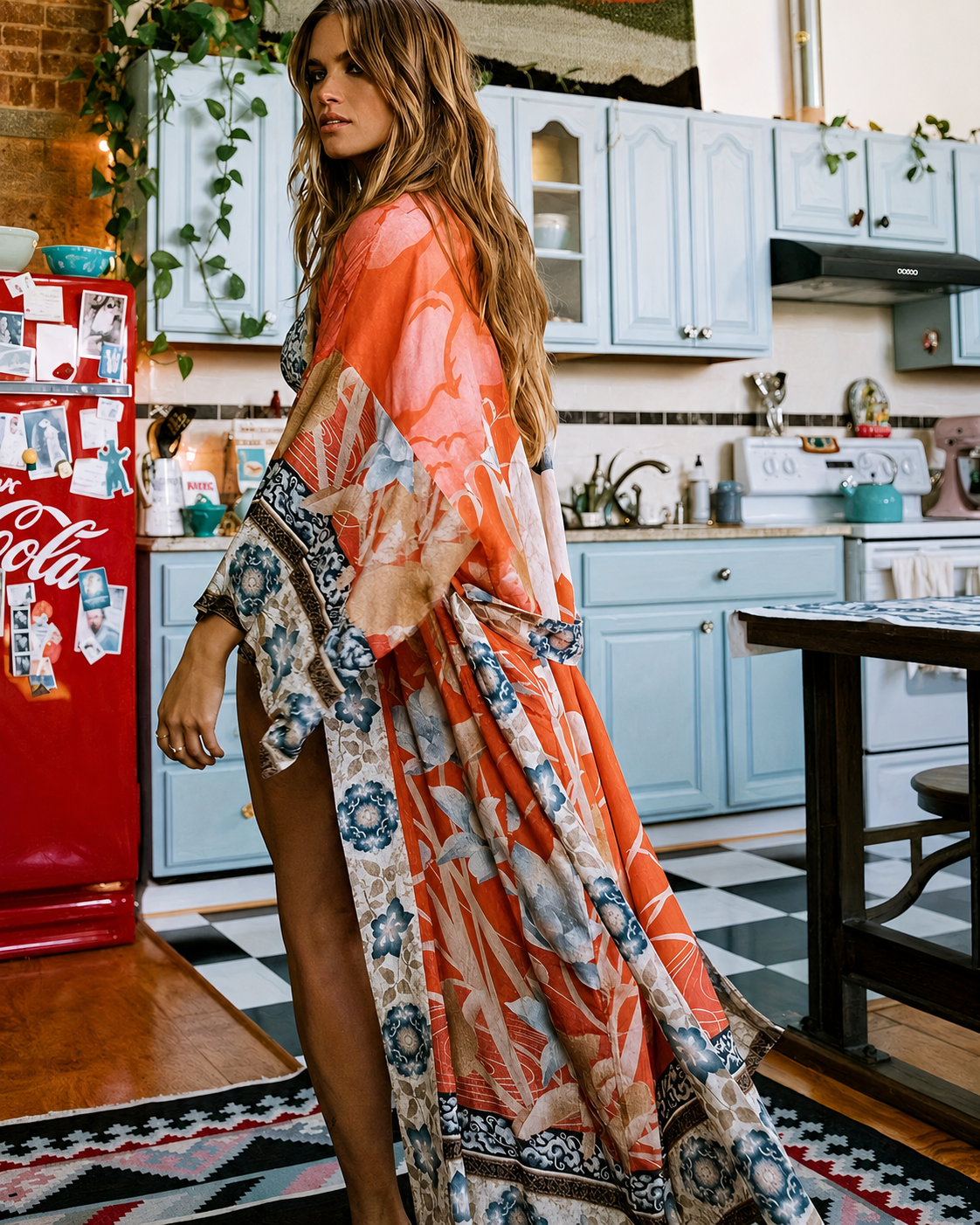 Women's Long Floral Print Kimono with Tie Belt
