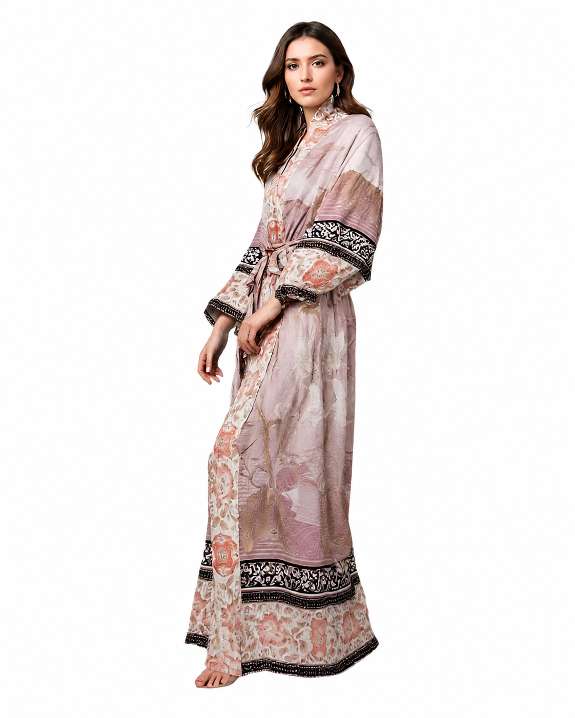 Women's Long Floral Print Kimono with Tie Belt
