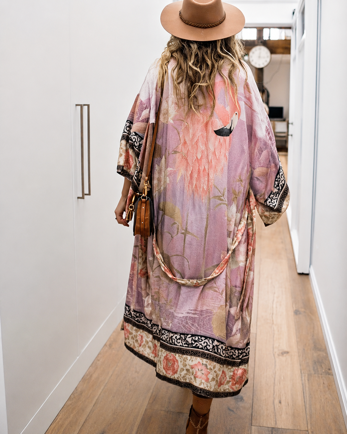 Women's Long Floral Print Kimono with Tie Belt