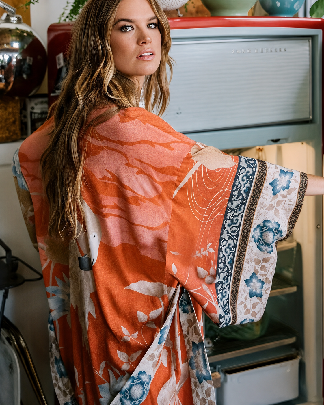 Women's Long Floral Print Kimono with Tie Belt