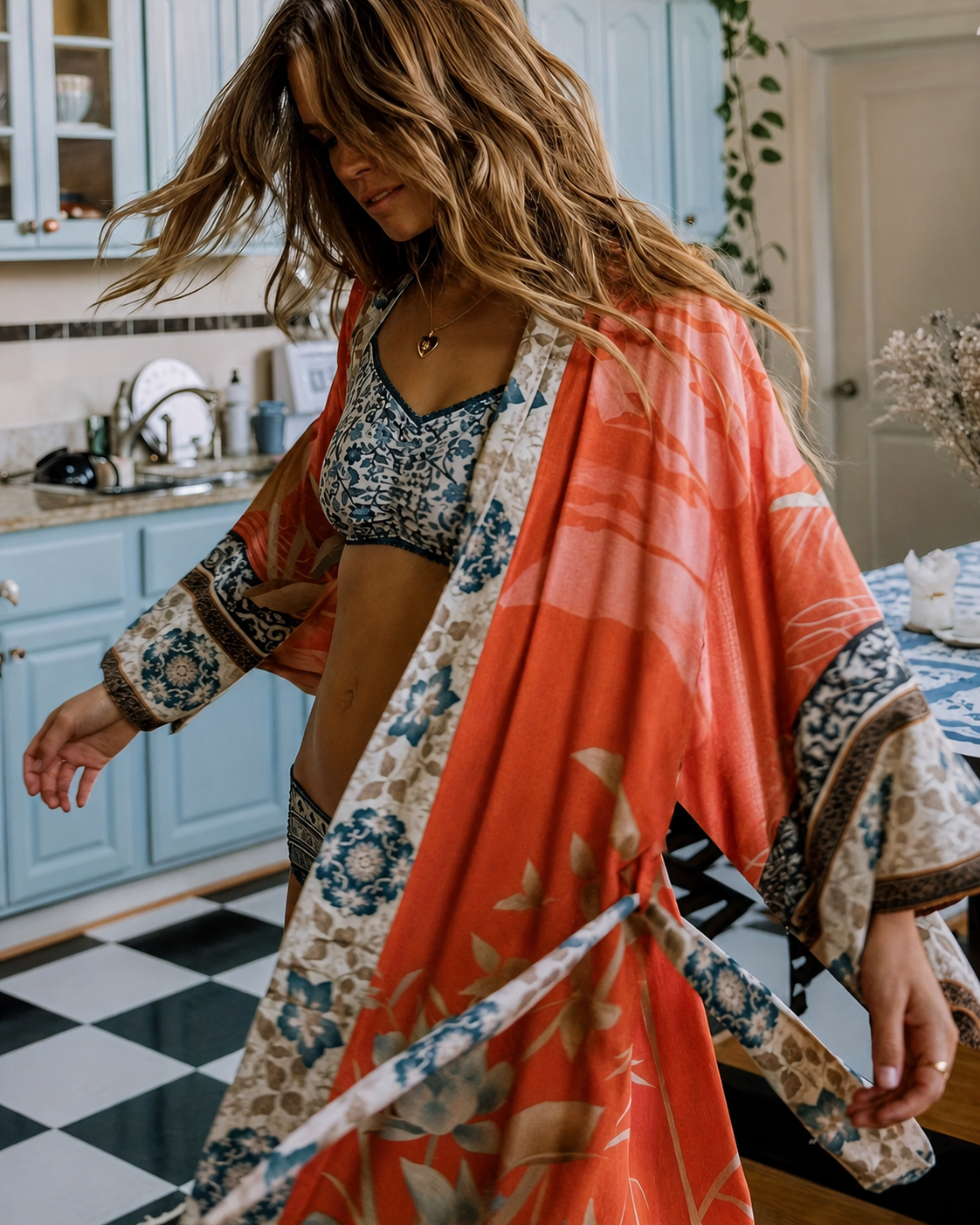Women's Long Floral Print Kimono with Tie Belt