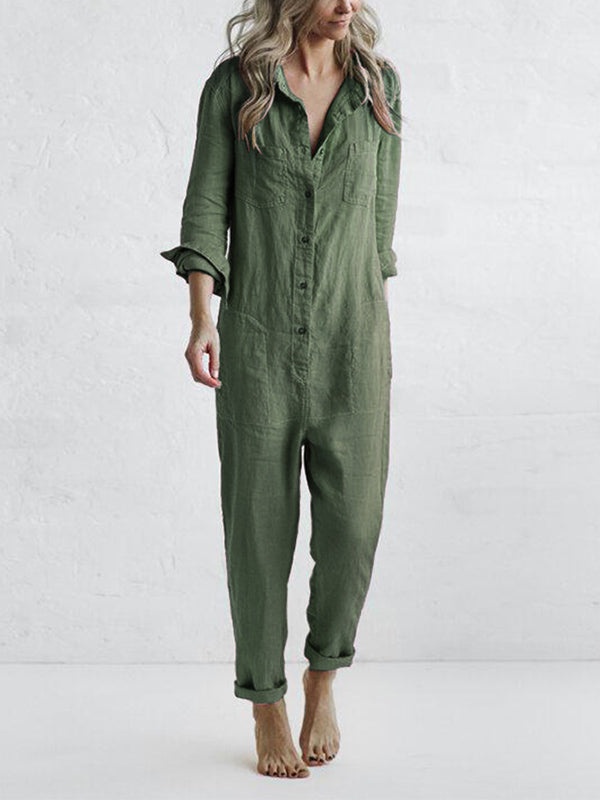 Women's Long-Sleeve Button-Up Jumpsuit