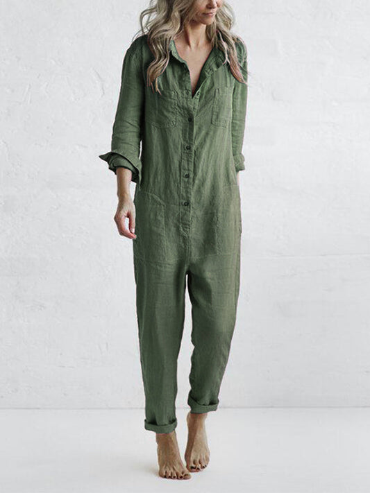 Women's Long-Sleeve Button-Up Jumpsuit