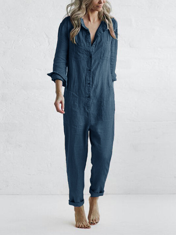 Women's Long-Sleeve Button-Up Jumpsuit