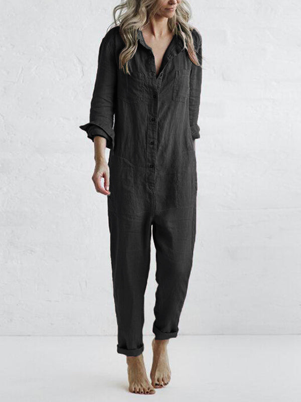 Women's Long-Sleeve Button-Up Jumpsuit