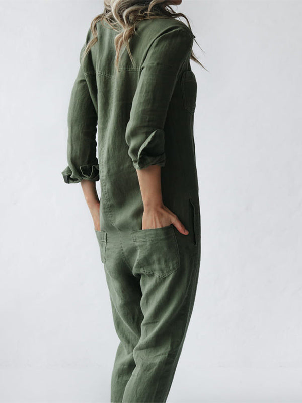 Women's Long-Sleeve Button-Up Jumpsuit