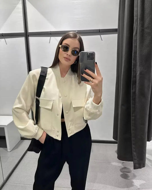 Women's Long-Sleeve Cropped Bomber Jacket with Button Front