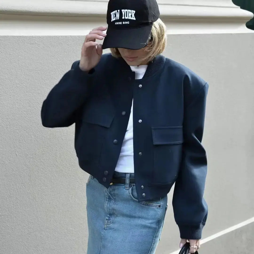 Women's Long-Sleeve Cropped Bomber Jacket with Button Front