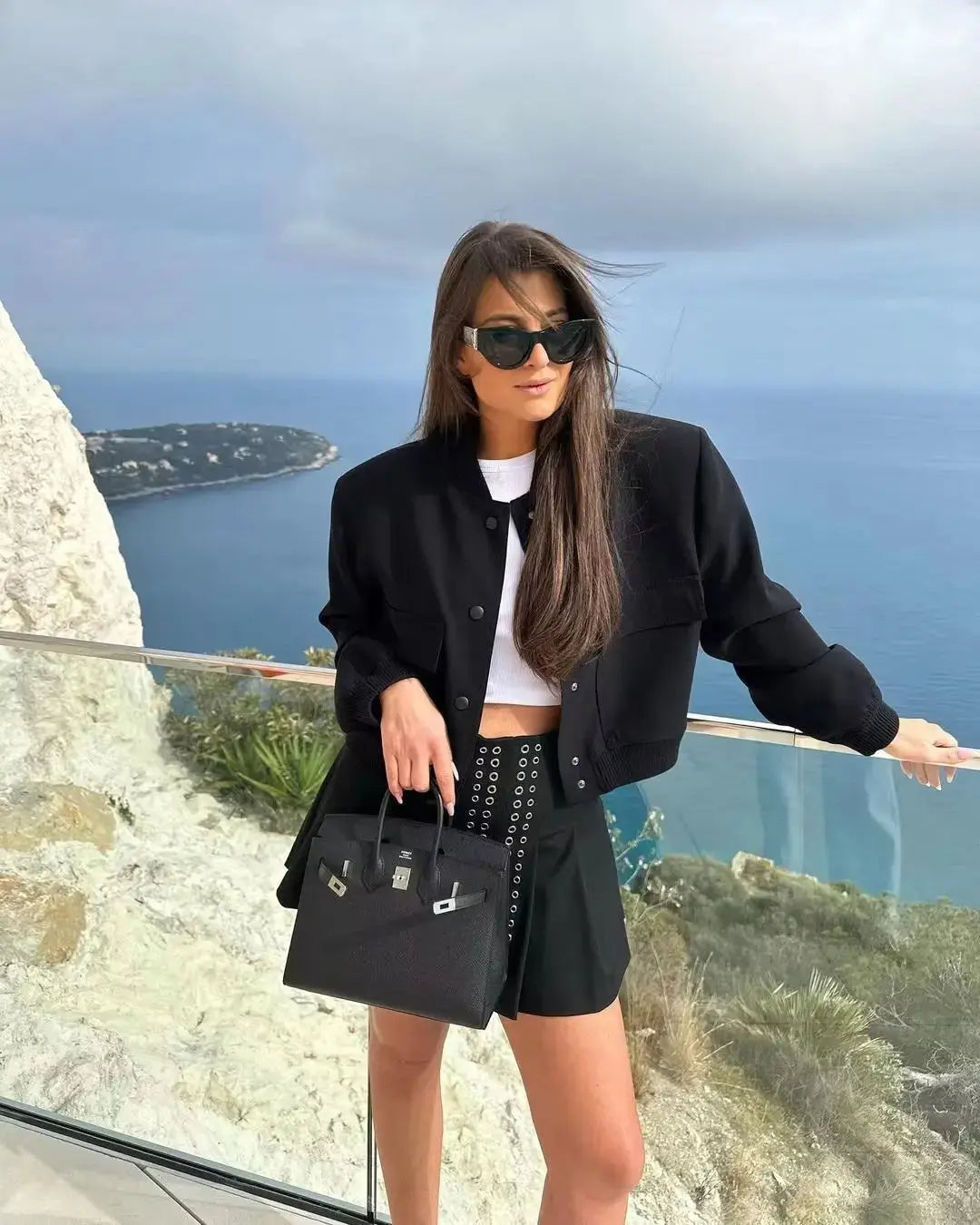 Women's Long-Sleeve Cropped Bomber Jacket with Button Front