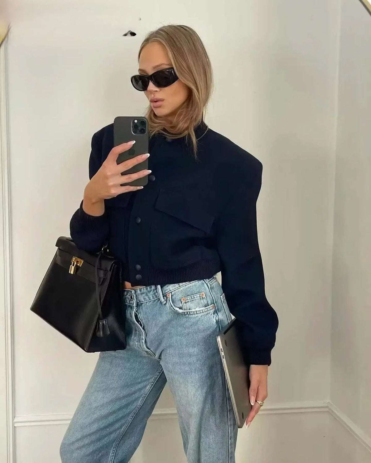 Women's Long-Sleeve Cropped Bomber Jacket with Button Front