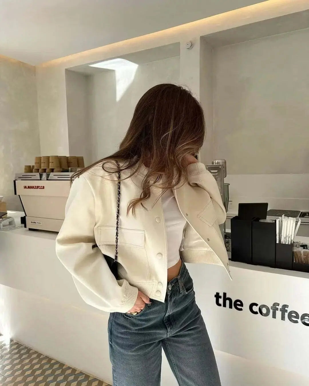 Women's Long-Sleeve Cropped Bomber Jacket with Button Front