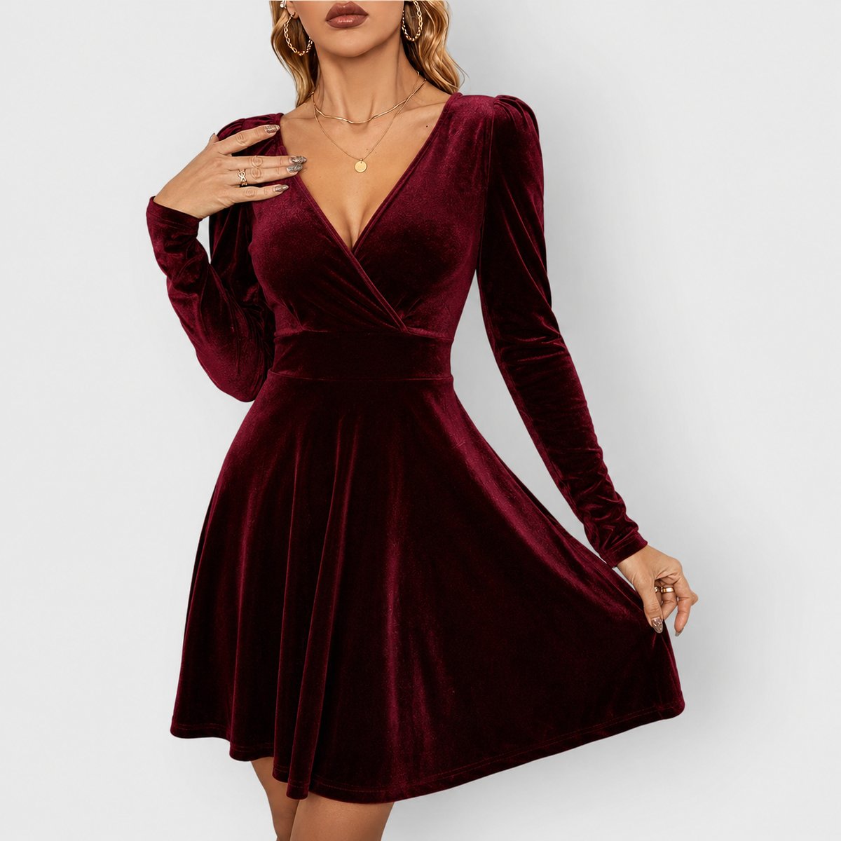 Women's Long Sleeve Deep V-Neck Formal Skater Dress