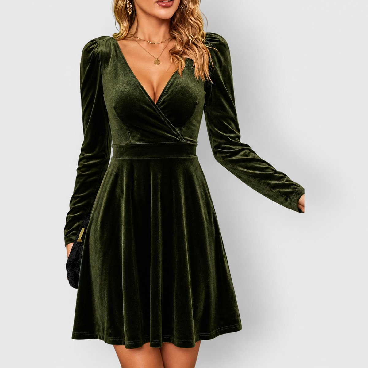 Women's Long Sleeve Deep V-Neck Formal Skater Dress