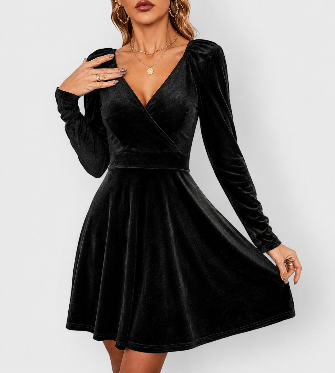 Women's Long Sleeve Deep V-Neck Formal Skater Dress