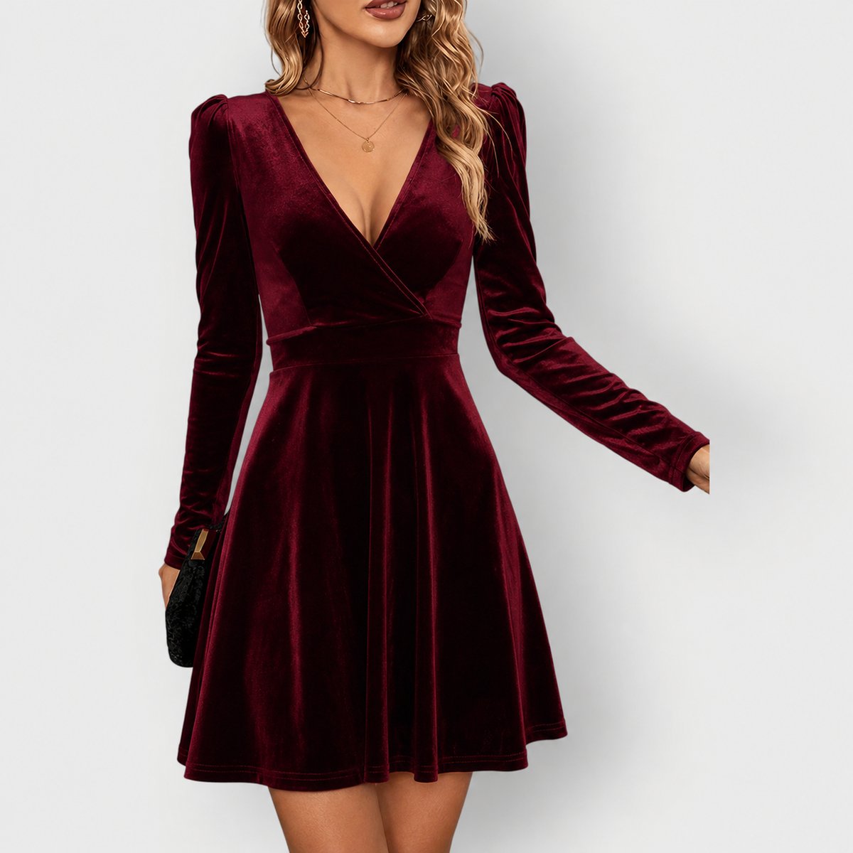 Women's Long Sleeve Deep V-Neck Formal Skater Dress