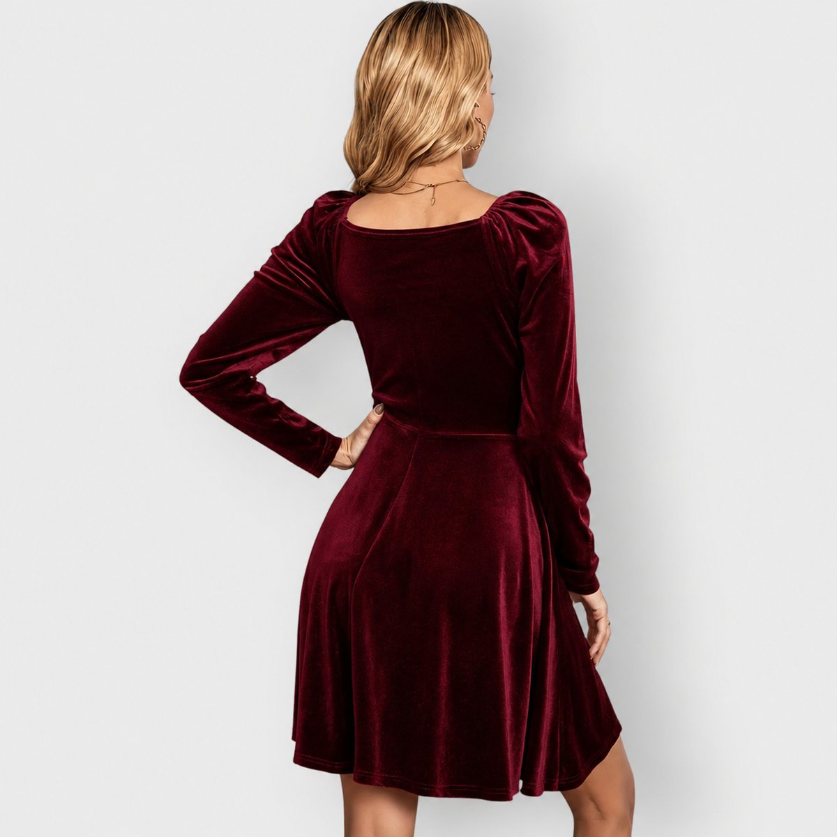 Women's Long Sleeve Deep V-Neck Formal Skater Dress