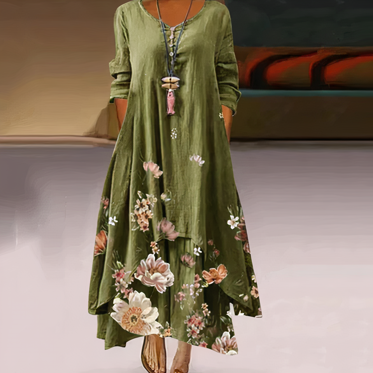 Women’s Long-Sleeve Midi Dress with Asymmetric Hem