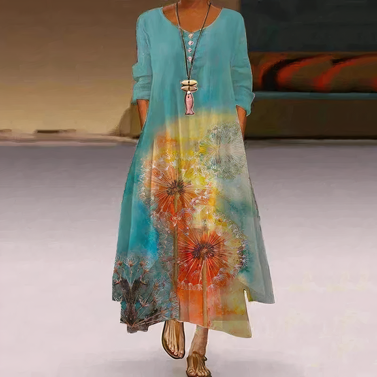 Women’s Long-Sleeve Midi Dress with Asymmetric Hem